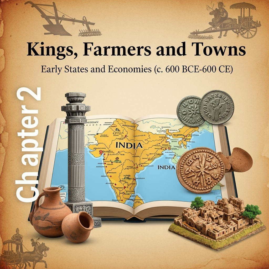 Complete Summary and Solutions for Kings, Farmers and Towns: Early States and Economies (c. 600 BCE-600 CE) β NCERT Class XII History, Chapter 2 β Mahajanapadas, Kingship, Urban Centres, Economy, Inscriptions