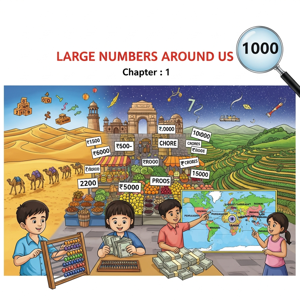 Class 7 Maths Ch 1: Large Numbers Around Us – learn lakhs, crores, place value, estimation and factorisation through stories and puzzles, with notes, solved sums, extra questions and quiz for CBSE Exam
