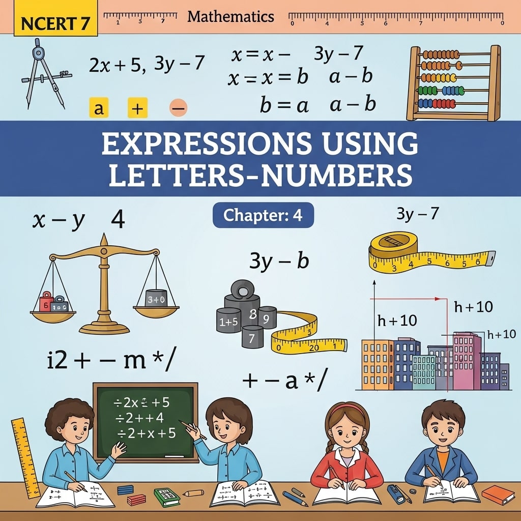 Class 7 Maths Ch 4: Expressions Using Letter‑Numbers – learn basic algebra with variables, write and simplify expressions from real‑life patterns and formulas, with notes, solved examples, extra questions and quiz for CBSE Exam