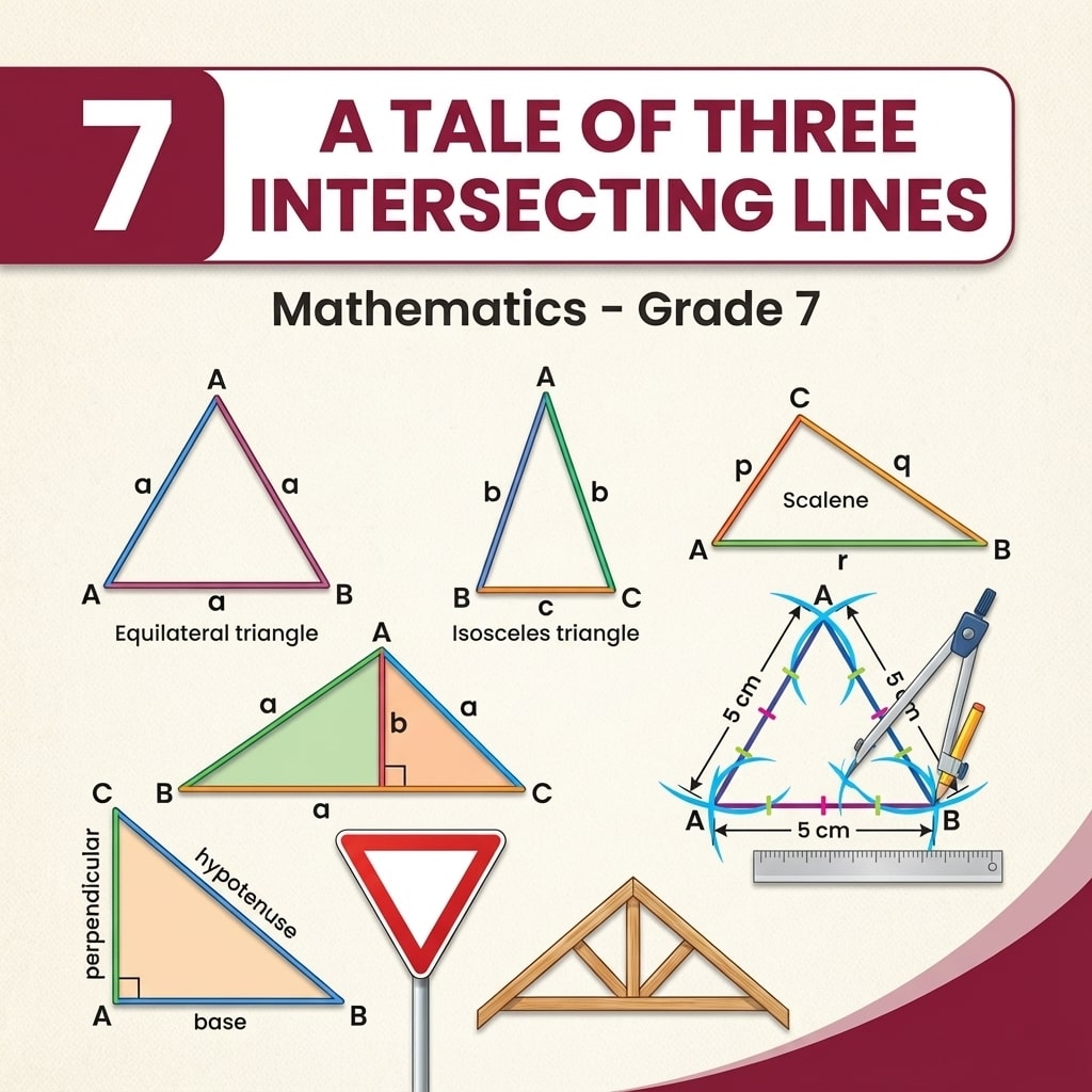 Class 7 Maths Ch 7: A Tale of Three Intersecting Lines – learn to construct and analyse triangles, use triangle inequality, angle sum and exterior angle properties, and draw altitudes, with clear notes, solved examples and quiz for CBSE Exam
