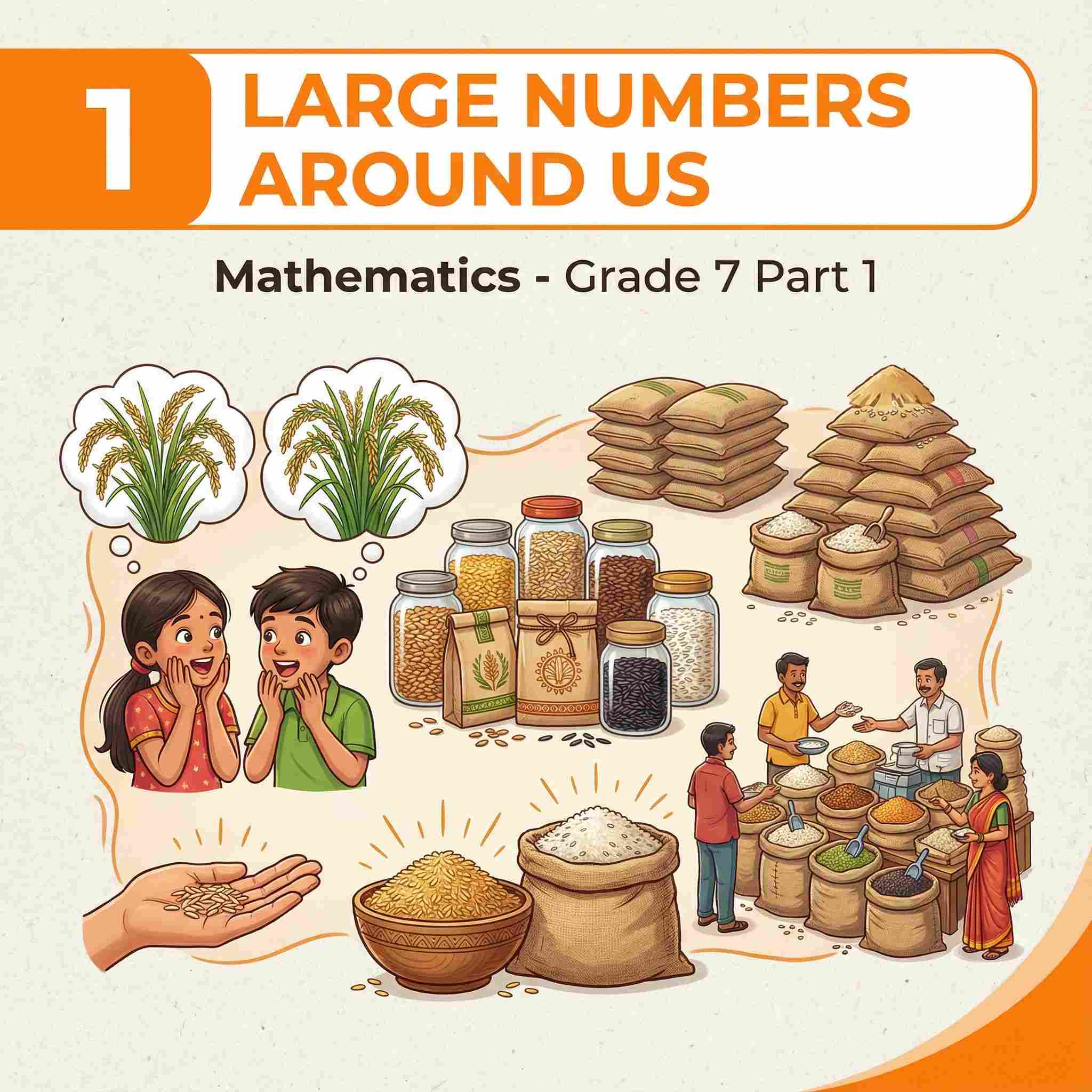 Class 7 Maths Ch 1: Large Numbers Around Us – learn lakhs, crores, place value, estimation and factorisation through stories and puzzles, with notes, solved sums, extra questions and quiz for CBSE Exam