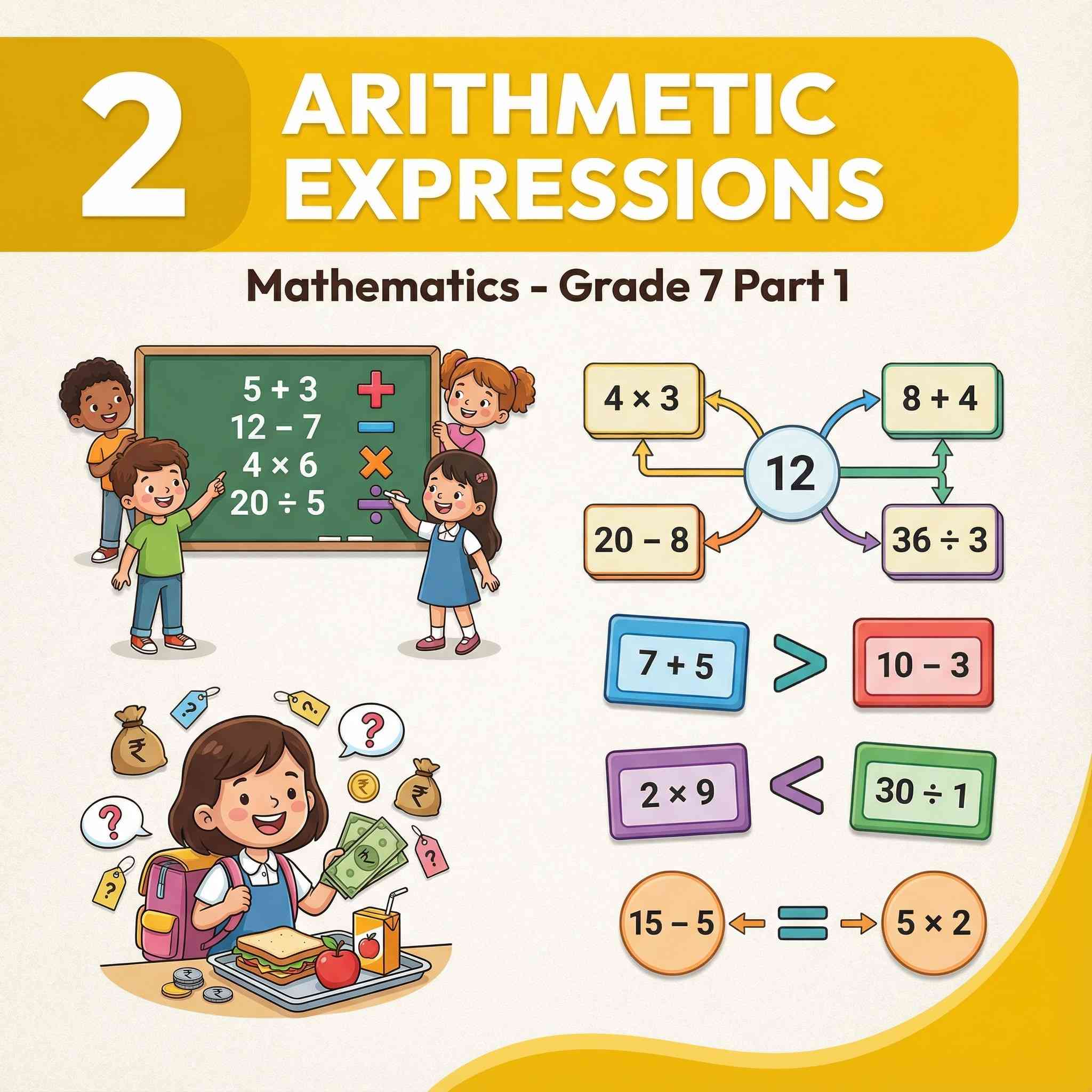 Class 7 Maths Ch 2: Arithmetic Expressions – learn to write, compare and correctly evaluate expressions using brackets and order of operations, with clear notes, solved examples, extra questions and quiz for CBSE Exam