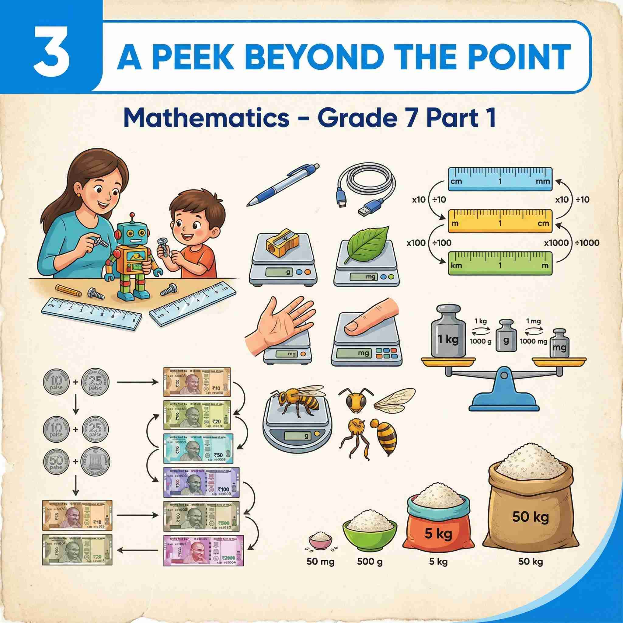 Class 7 Maths Ch 3: A Peek Beyond the Point – understand decimals (tenths, hundredths), compare and operate with them, see real‑life uses and history, with notes, solved sums, extra questions and quiz for CBSE Exam