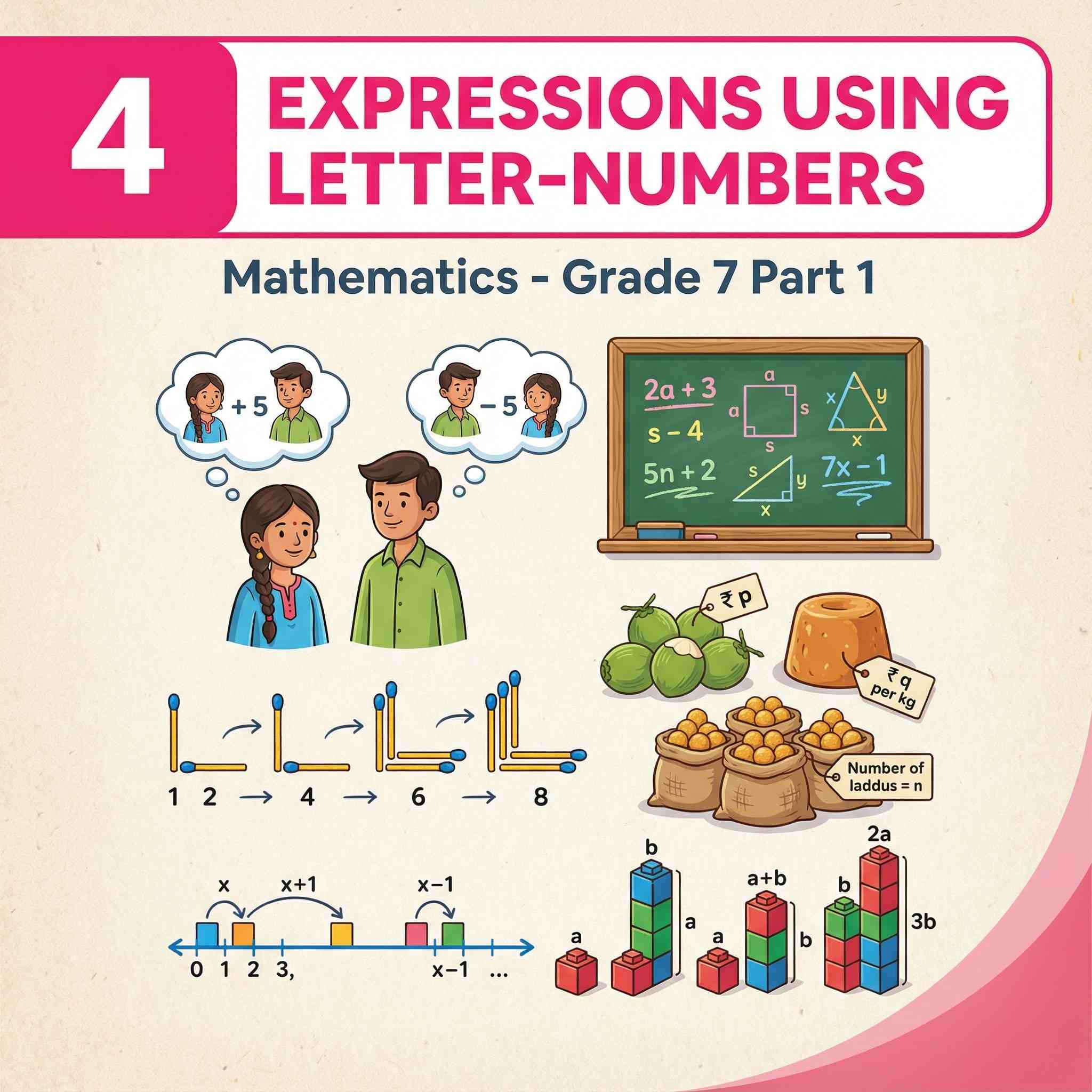 Class 7 Maths Ch 4: Expressions Using Letter‑Numbers – learn basic algebra with variables, write and simplify expressions from real‑life patterns and formulas, with notes, solved examples, extra questions and quiz for CBSE Exam