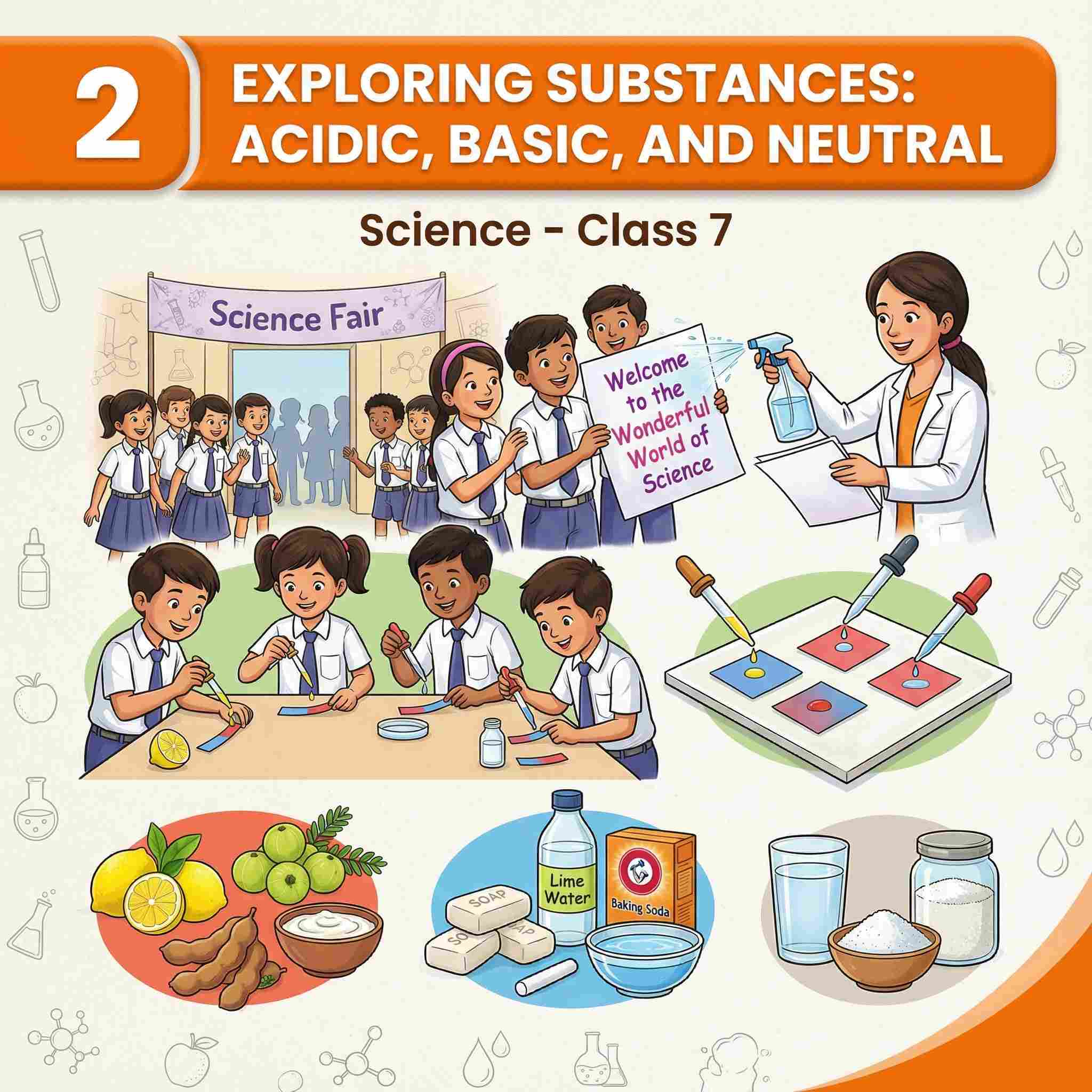 Complete Summary and Explanation of Exploring Substances: Acidic, Basic, and Neutral – NCERT Class 7 Science Chapter 2 – Full Chapter Notes, Key Concepts, Activities, Natural Indicators, Litmus Test, Science Fair Invisible Ink, and Textbook Solutions