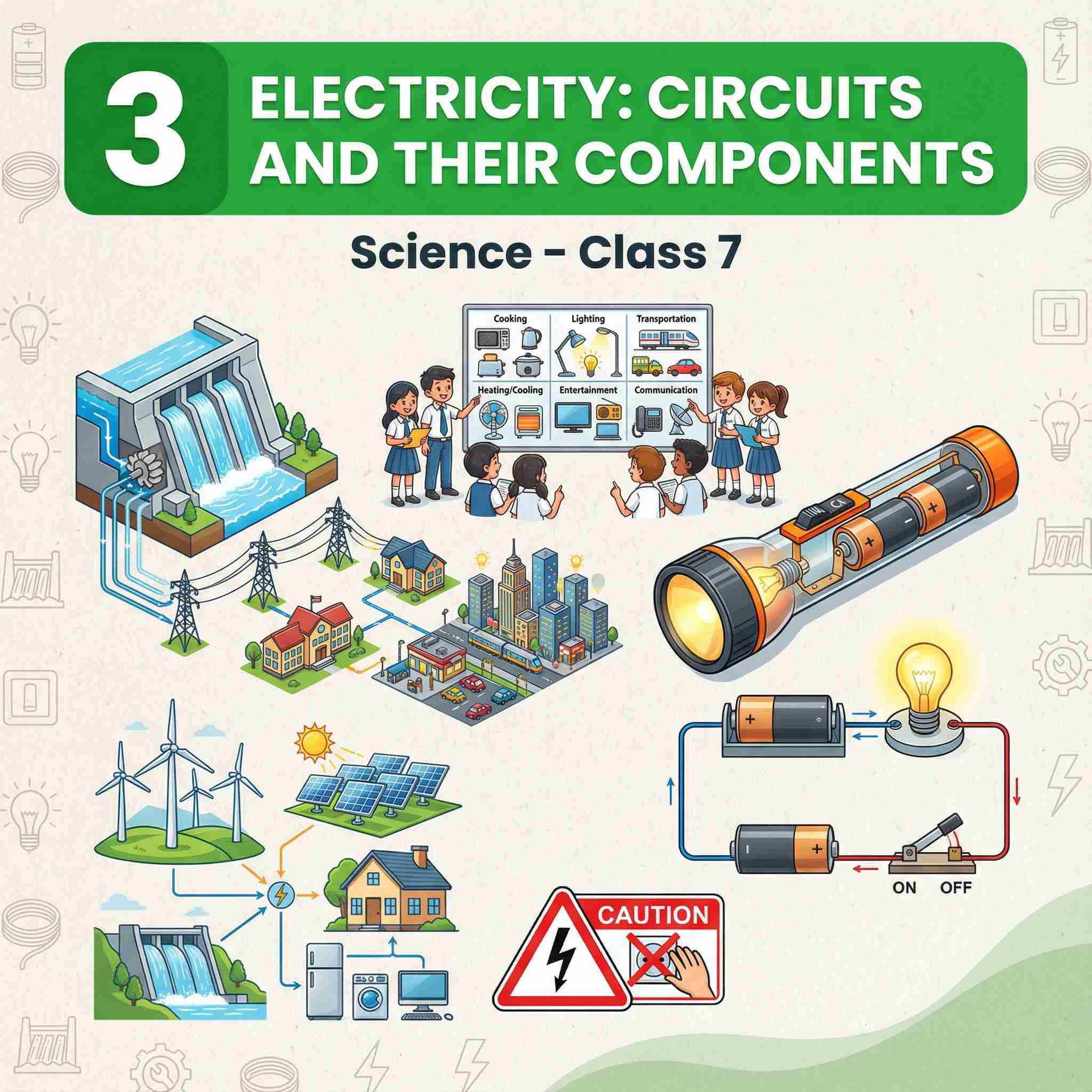 Complete Summary and Explanation of Electricity: Circuits and their Components – Curiosity/NCRT Class 7 Science Chapter 3 – Full Chapter Notes, Torchlight Activity, Uses of Electricity, Safety Rules, Components, and Solutions
