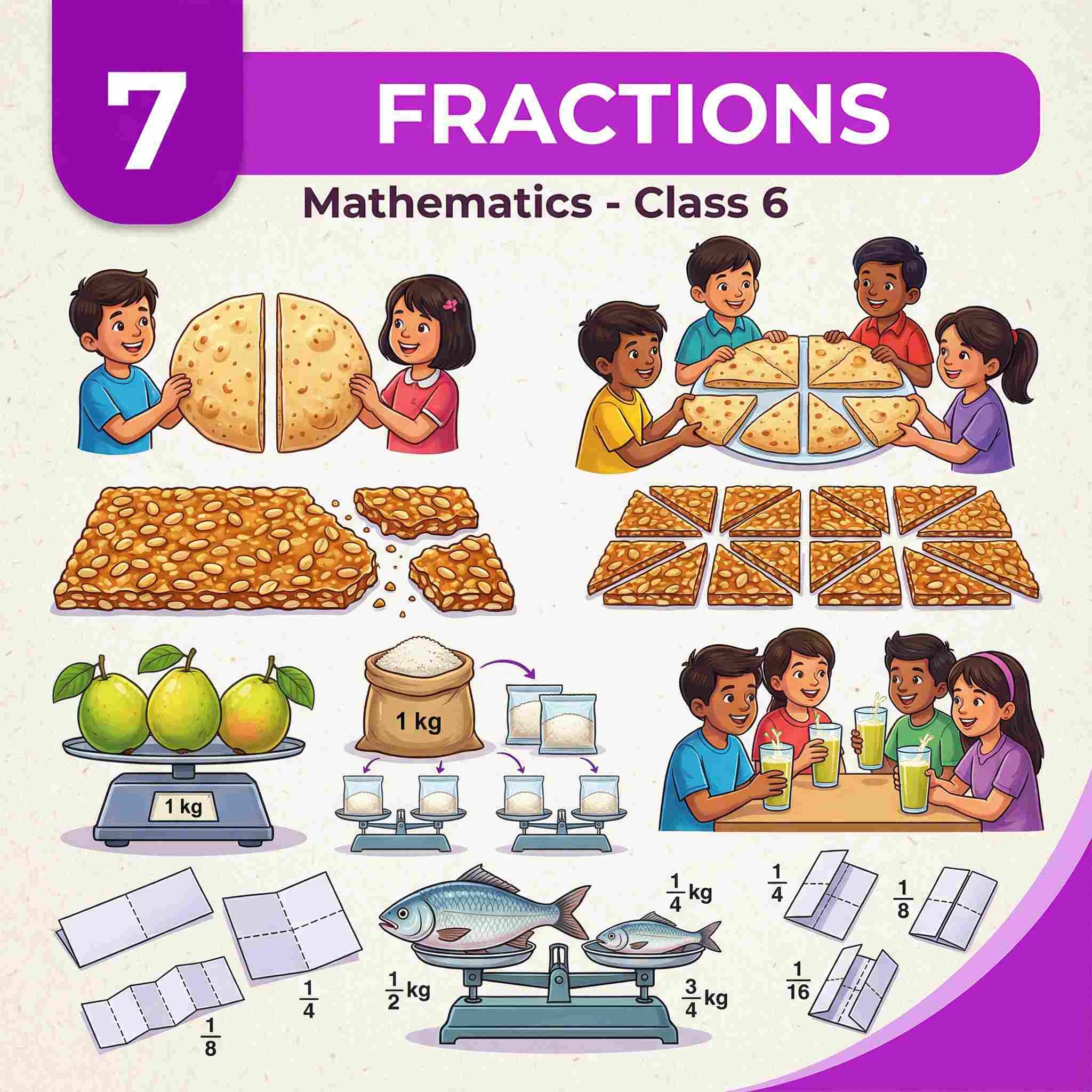 Complete Summary, Explanations, and Solutions for Fractions – Ganita Prakash Class VI, Chapter 7 – Numerator, Denominator, Equivalent Fractions, Operations, Questions, Answers