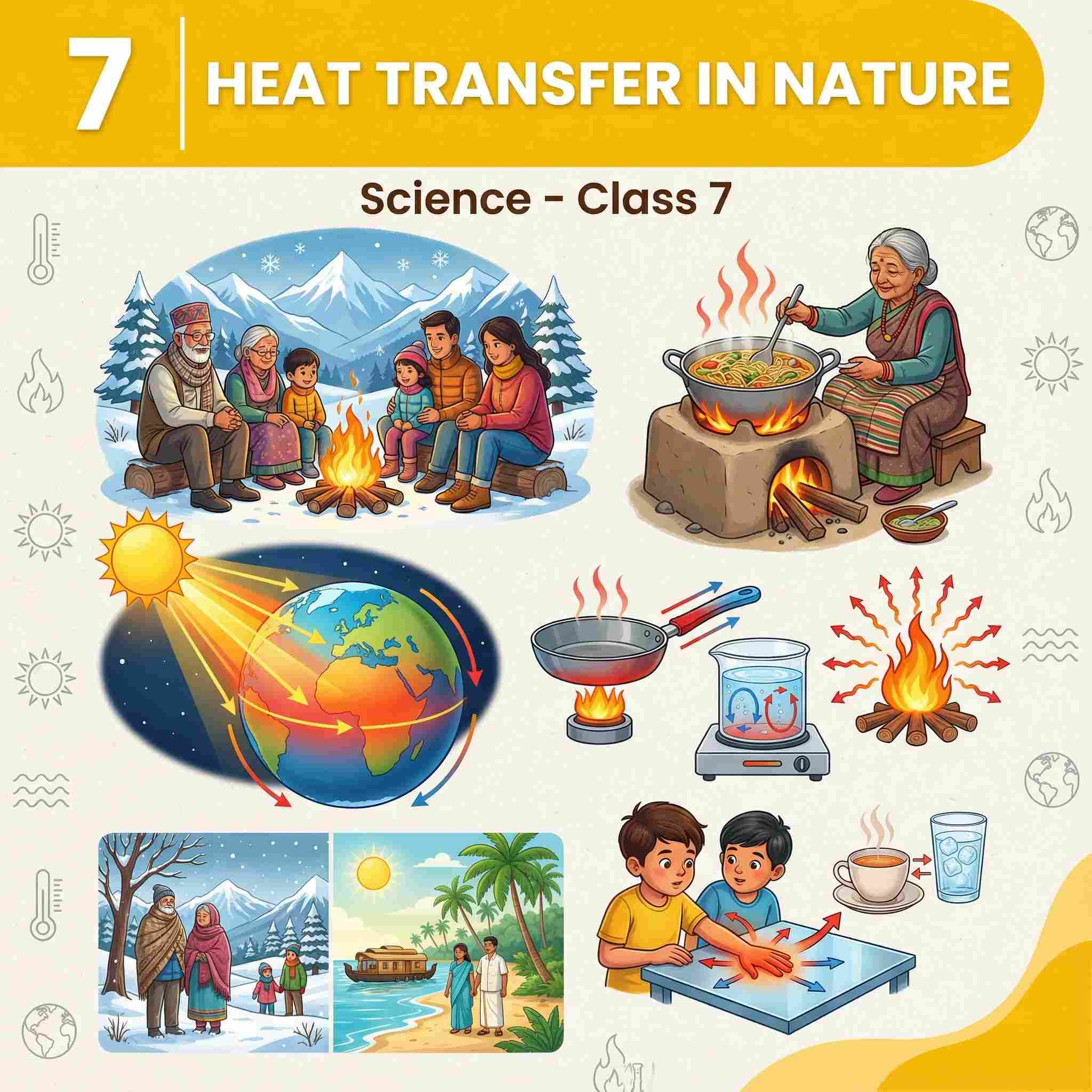 Class 7 Science Chapter 7: Heat Transfer in Nature | Complete NCERT Notes, Activities 7.1-7.5 Solved, Conduction Convection Radiation, Land Sea Breeze, Water Cycle