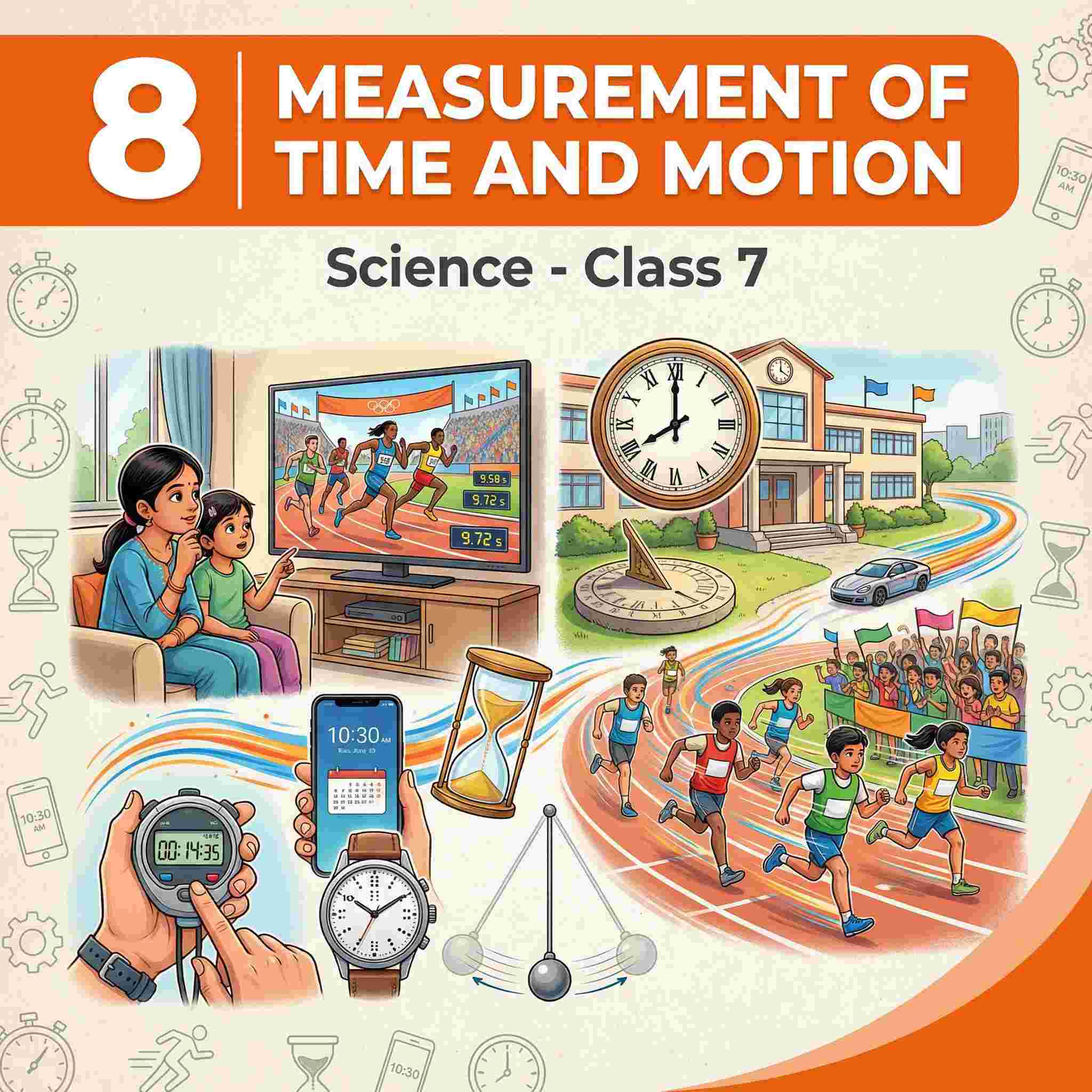 Class 7 Science Chapter 8: Measurement of Time and Motion | Complete NCERT Notes, Sundial Water Clock Pendulum, Speed Uniform Motion