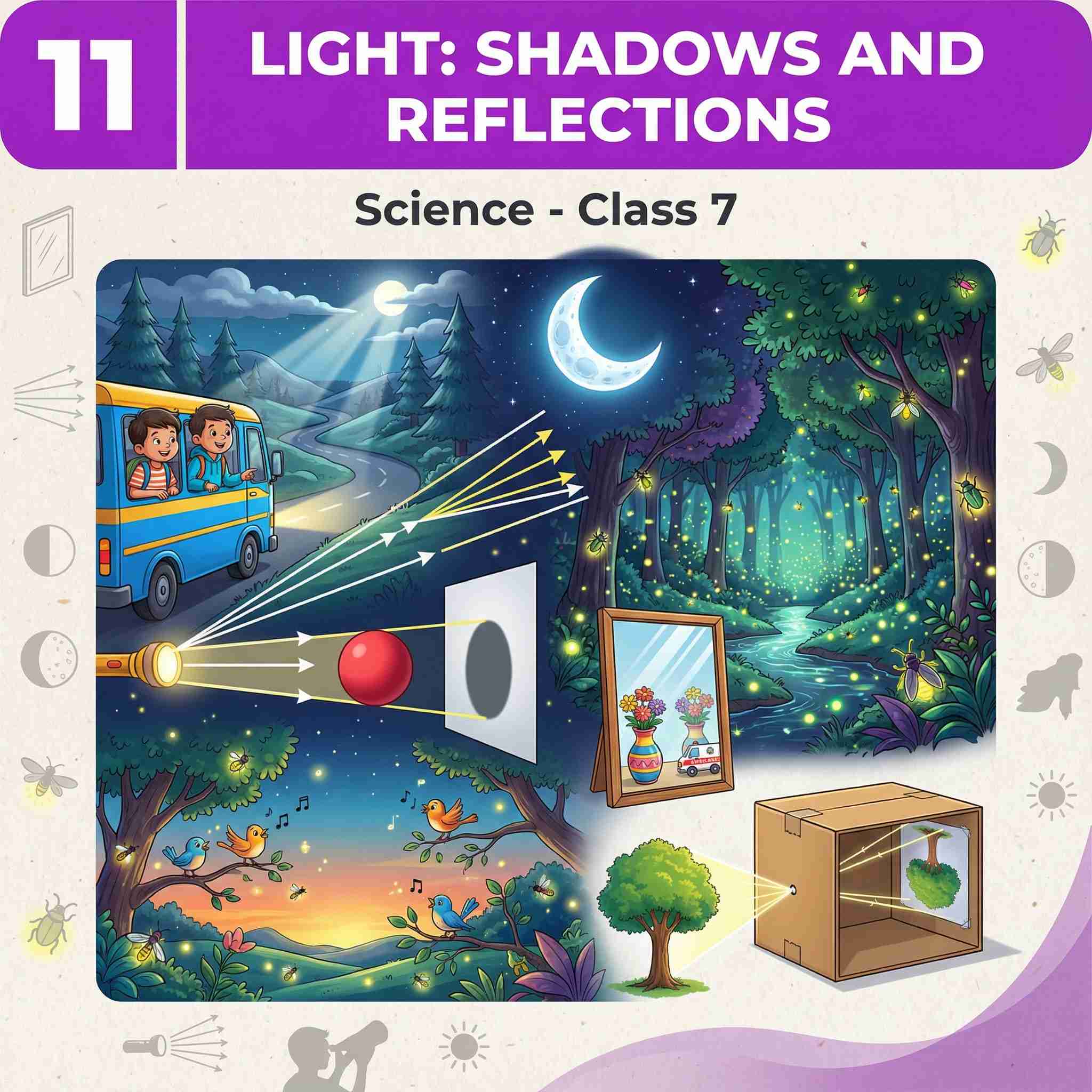 Class 7 Science Chapter 11: Light – Shadows and Reflections | NCERT Notes, Luminous & Non‑Luminous Objects, Straight Line Propagation, Pinhole Camera & Mirror Images,25+ Practice Questions & Answers, CBSE Board Exams 
