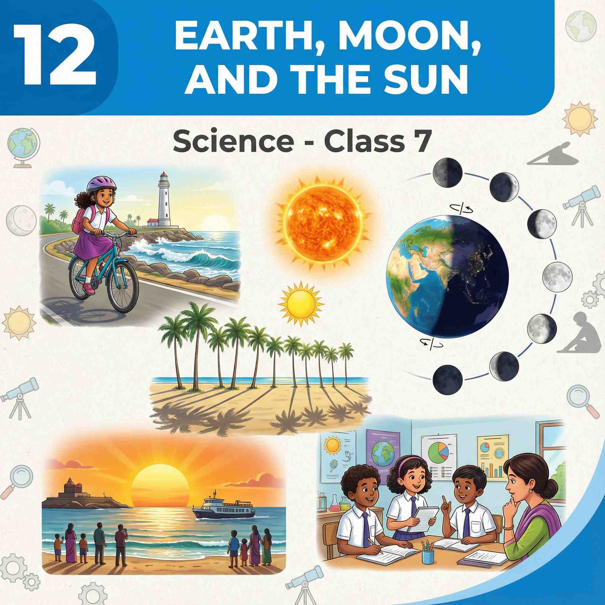 Class 7 Science Chapter 12: Earth, Moon, and the Sun | Rotation, Revolution, Day–Night Cycle, Phases of the Moon, Eclipses & Orbits Explained