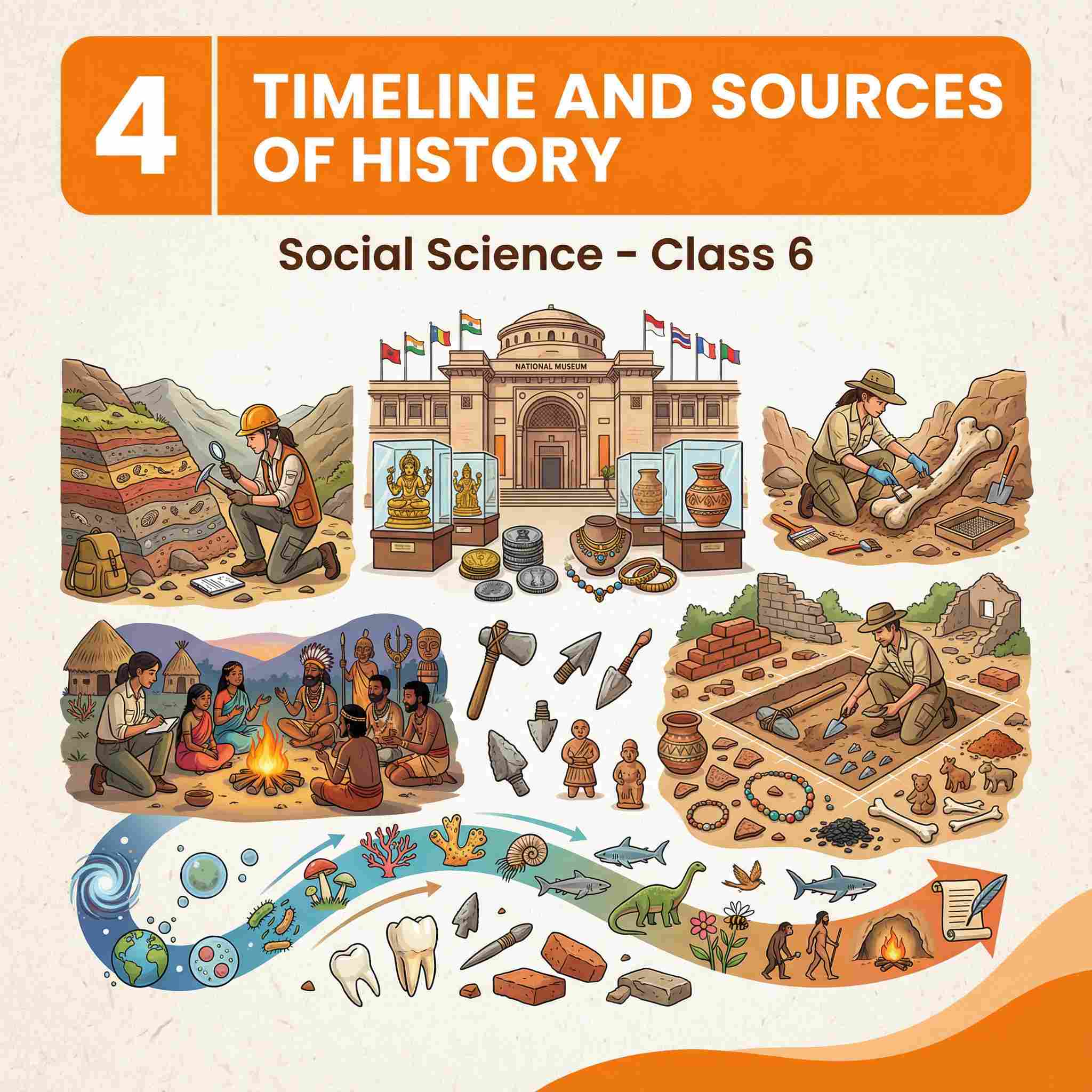 Complete Summary and Solutions for Timeline and Sources of History – NCERT Class VI Social Science, Chapter 4 – Historical Time, Evidence, Early Humans, Questions, Answers