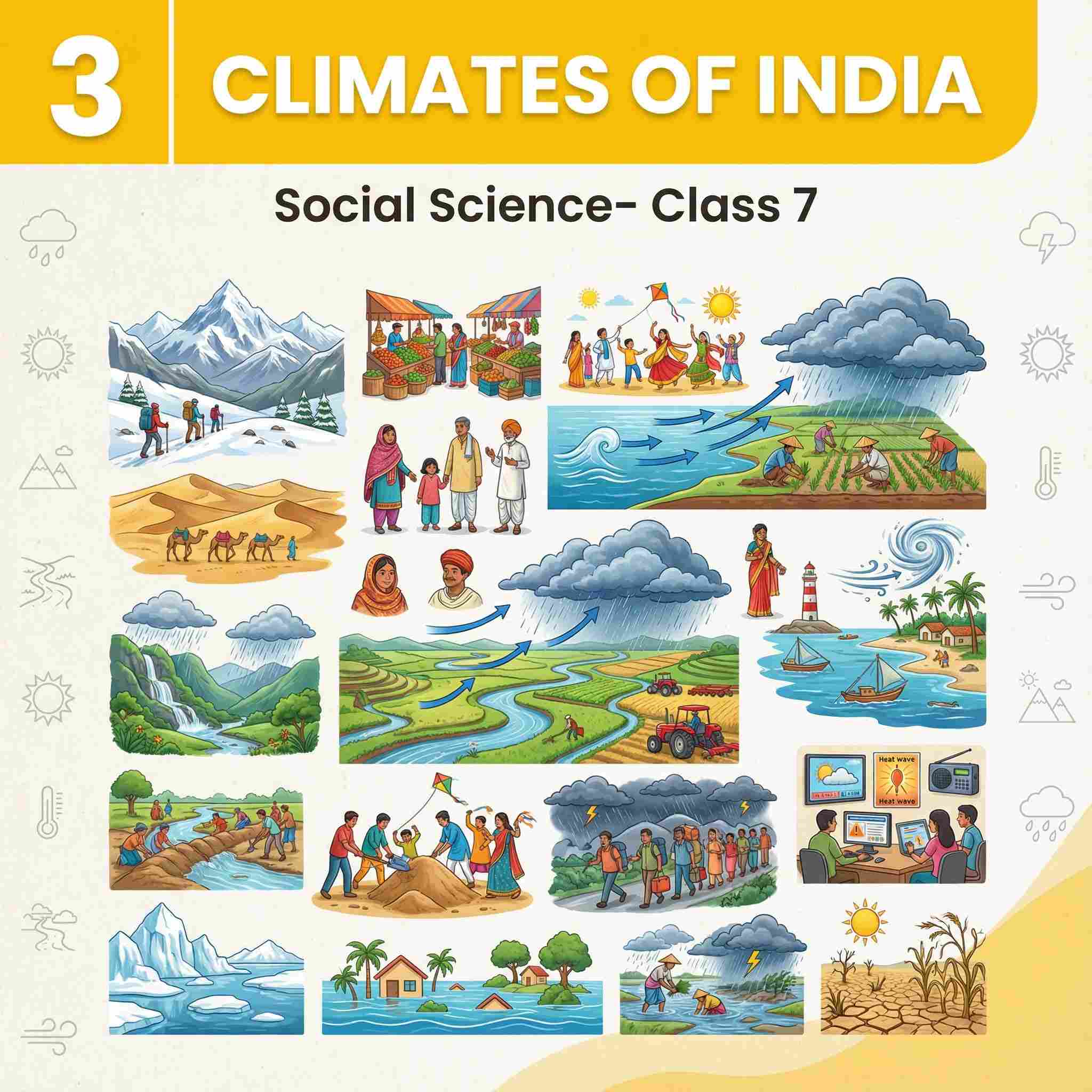 Class 7 Social Science Chapter 3: Climates of India | Climate vs Weather, Seasons, Monsoon Types, Factors (Latitude, Relief, Distance from Sea), Q&A + Quiz 