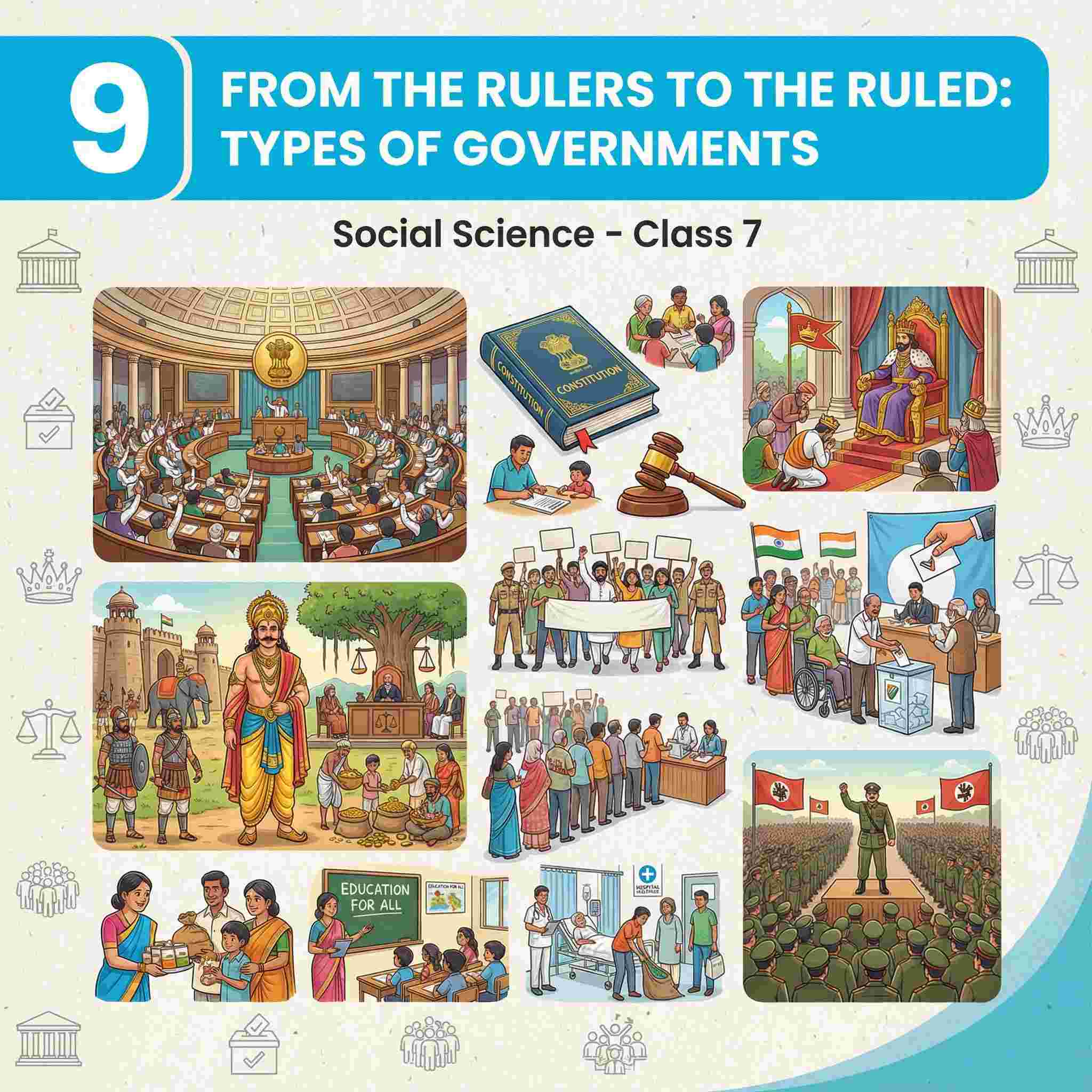Class 7 Social Science Chapter 9: From the Rulers to the Ruled – Types of Governments | Democracy, Monarchy, Theocracy, Dictatorship, Fundamental Rights & Participation