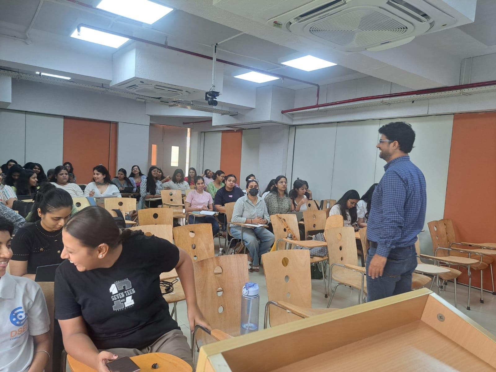 Deepak interacting with students at The Vedica Scholars Programme for Women