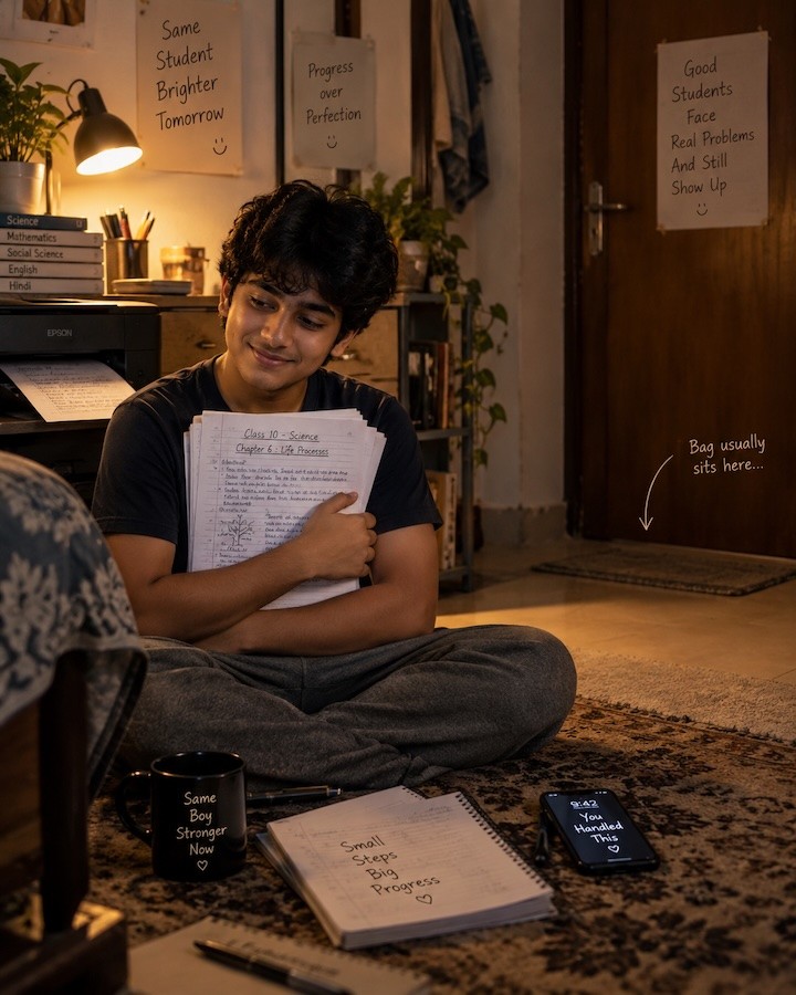 A student holding printed copies of his own notes that night.