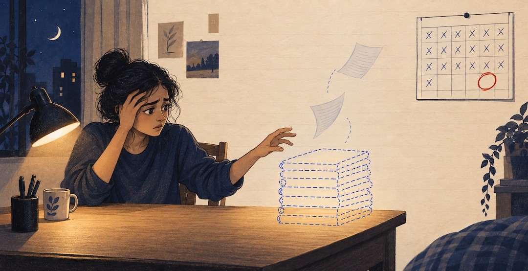 A student at a bare night desk, one hand pressed to her forehead and the other reaching for a stack of notebooks that is no longer there, drawn as an empty dashed outline; on the wall a calendar has its days crossed off up to one circled date.