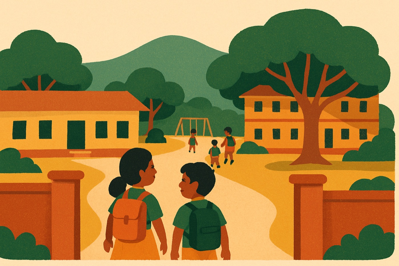 Children walking into a Jawahar Navodaya Vidyalaya campus in the morning
