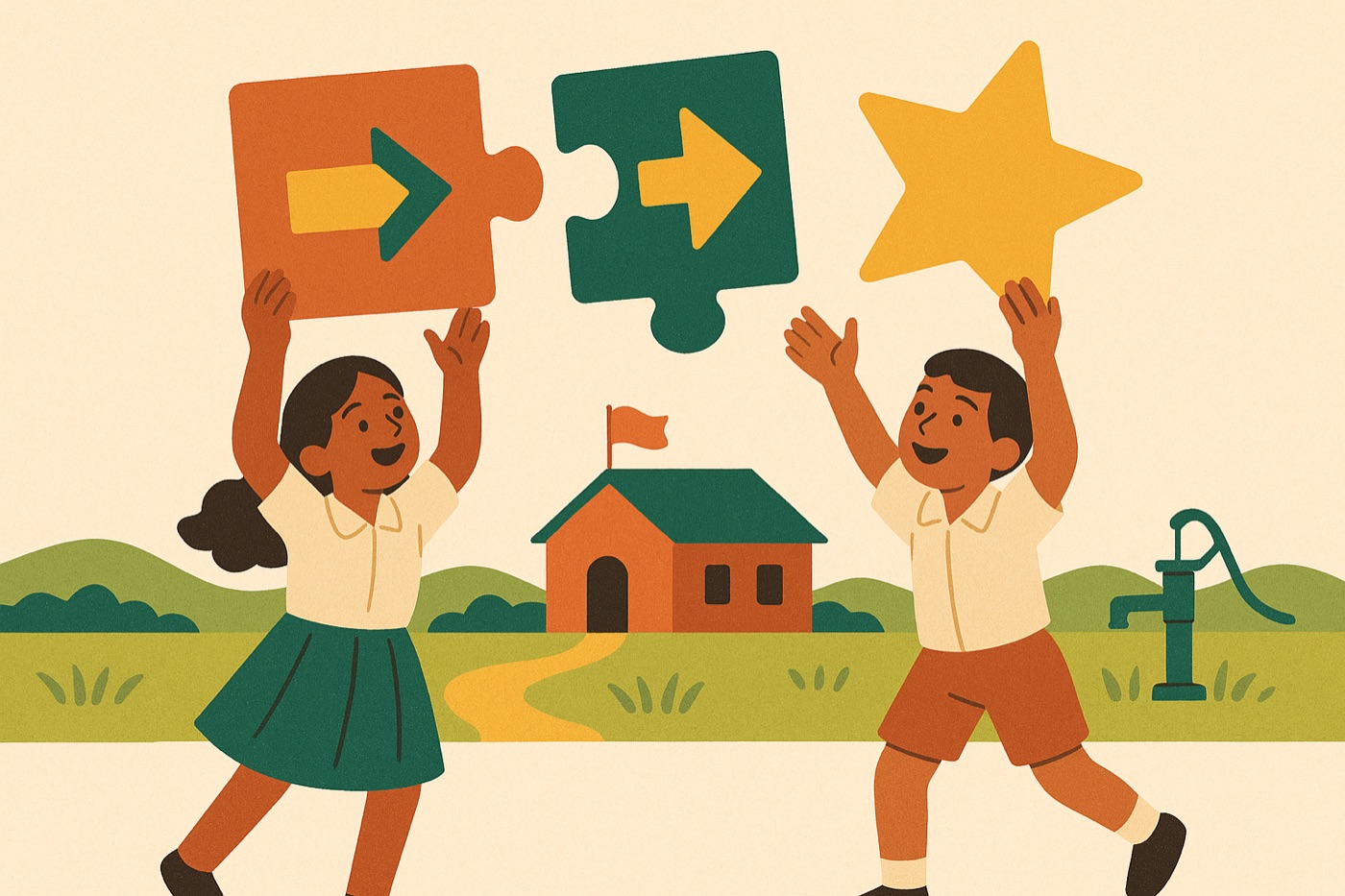 Two children solving Navodaya-style figure puzzles in front of their village school