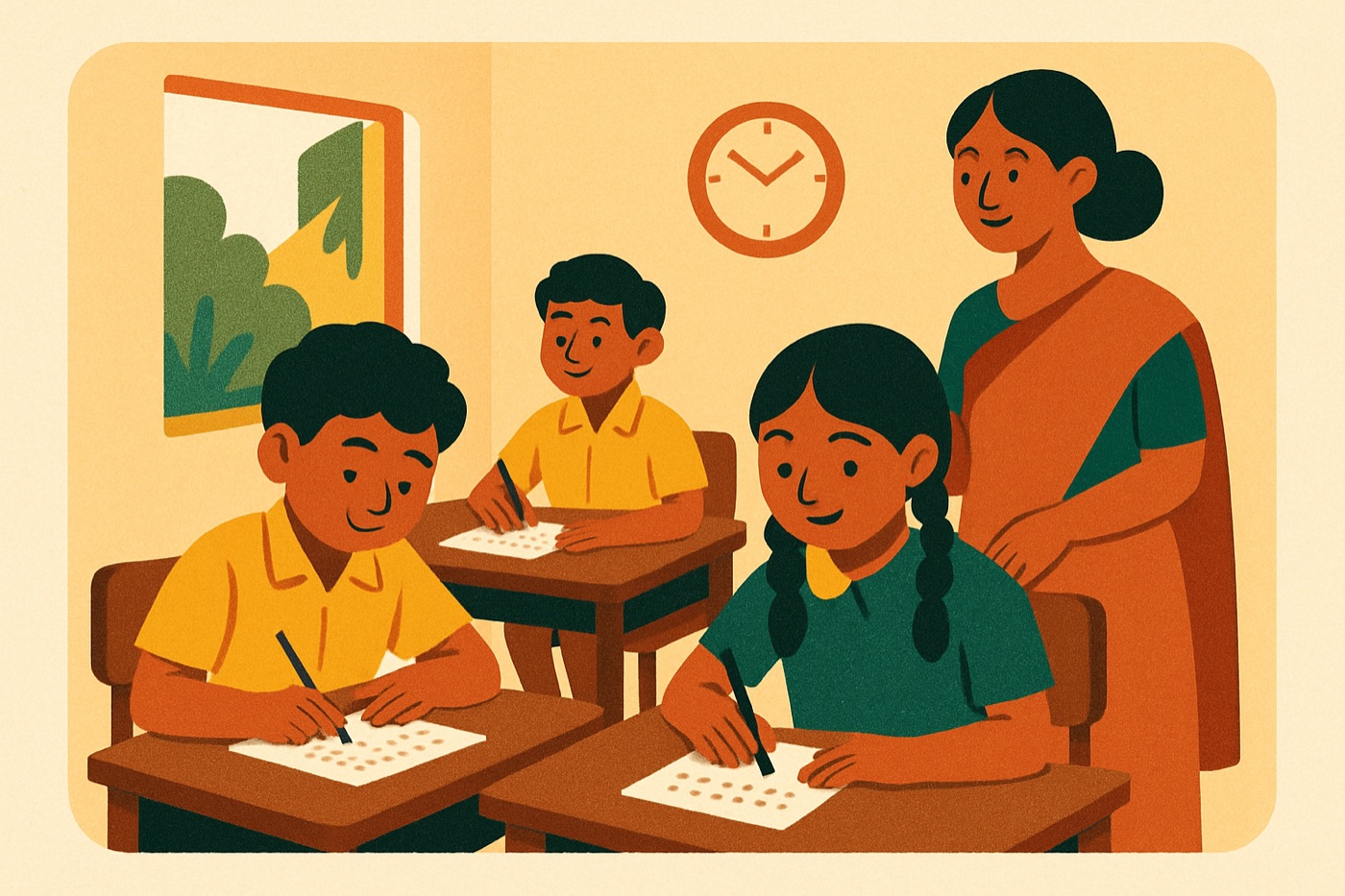 Students writing an exam in a bright hall