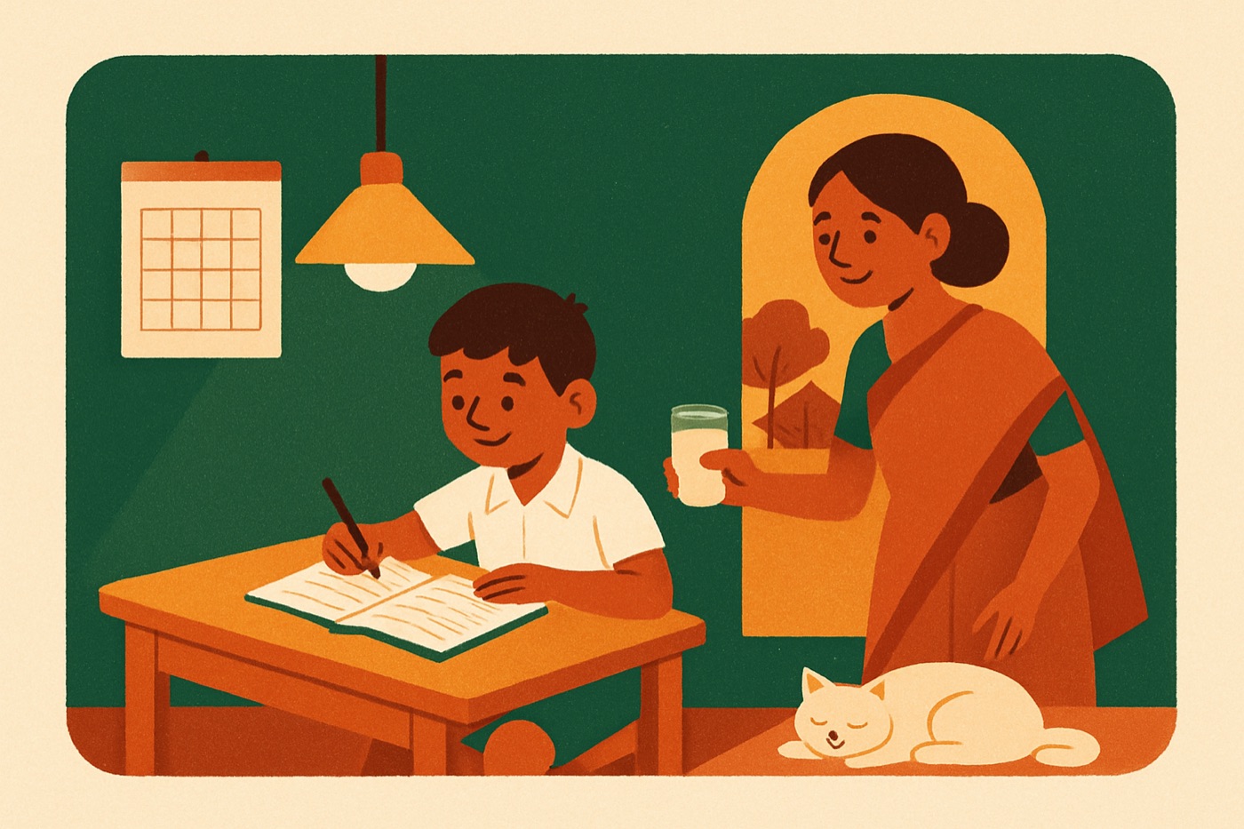 A student studying at home in the evening