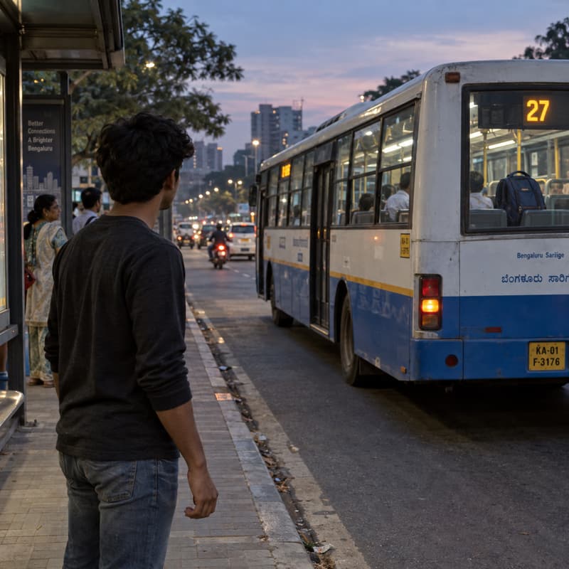 A college student watches a blue-and-white public city bus leave with his backpack inside.