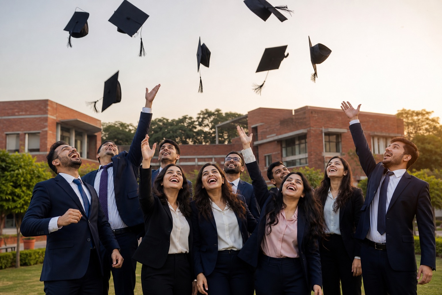 MBA graduates celebrating together on an Indian business-school campus