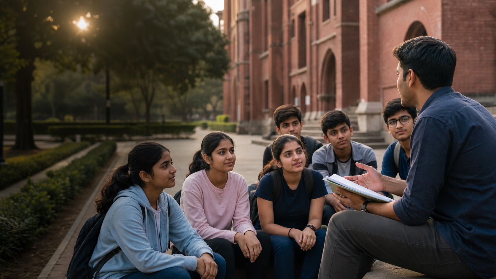 Class 10 students talking with an IIT alumnus mentor on campus