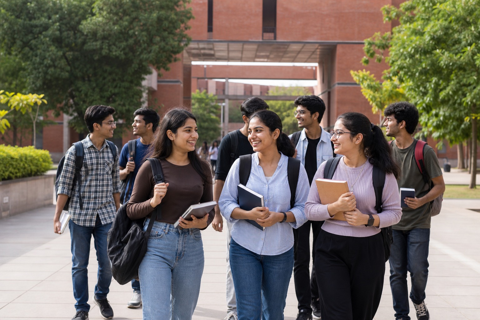 Diverse engineering students walking together on an institute campus