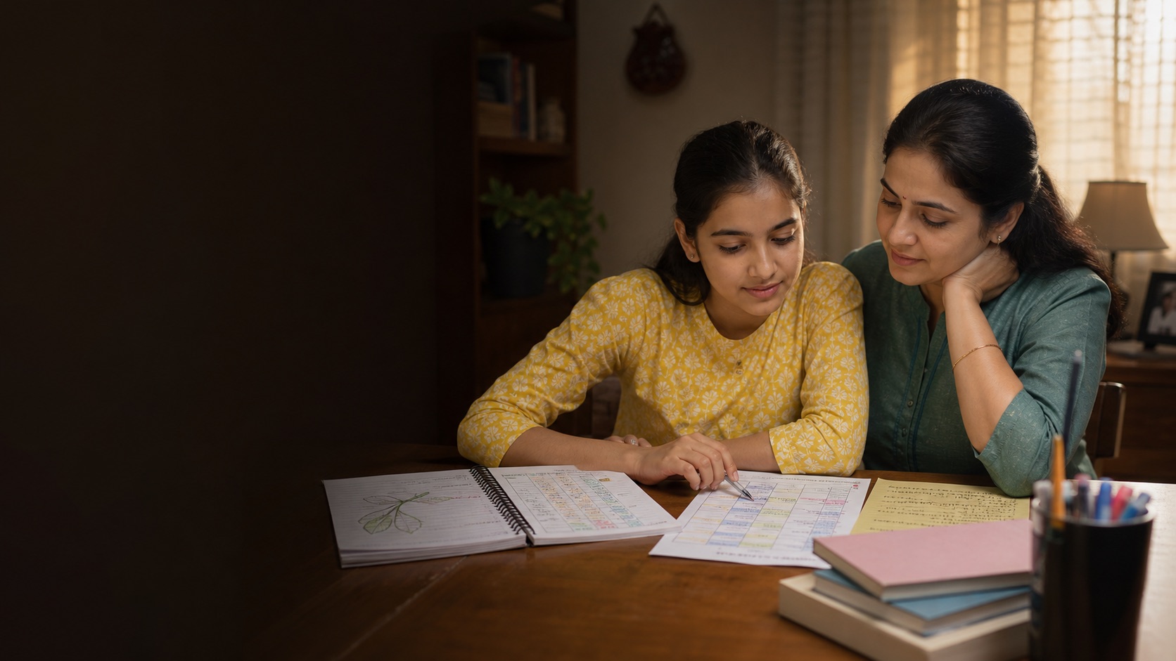 A Class 9 student and parent planning their studies together at home