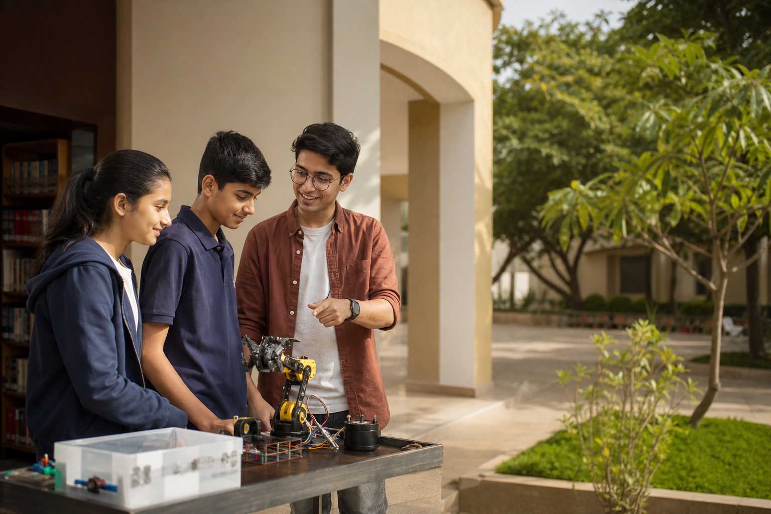 Indian students exploring a science project with a young mentor