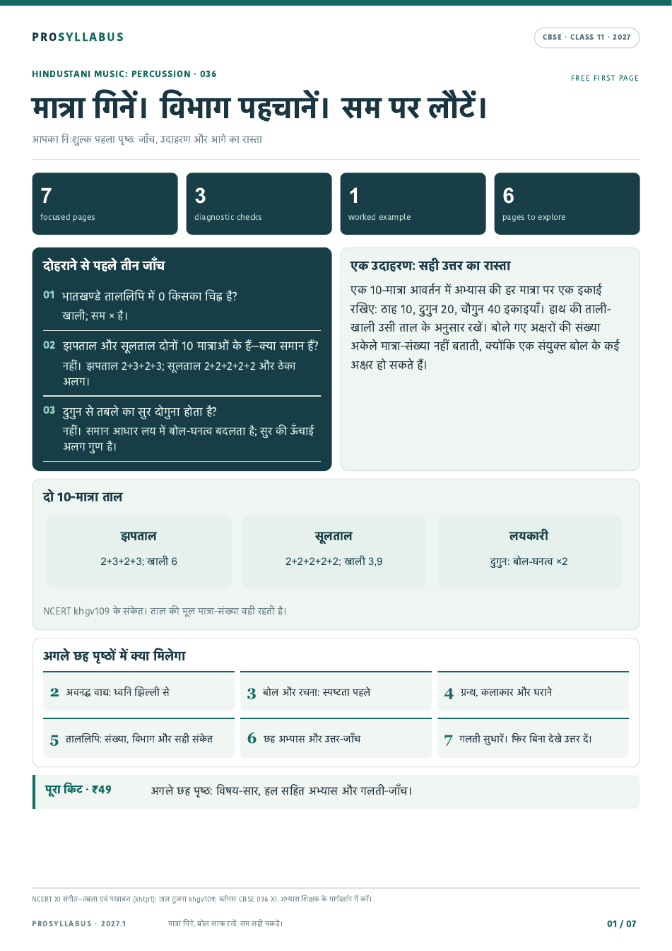 First page of Class 11 Hindustani Music: Percussion