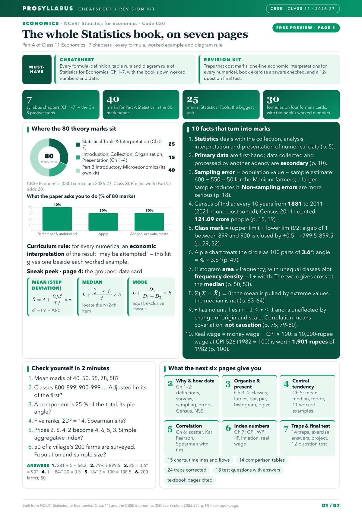 Page 1 of CBSE Class 11 Economics — Statistics for Economics Revision Kit