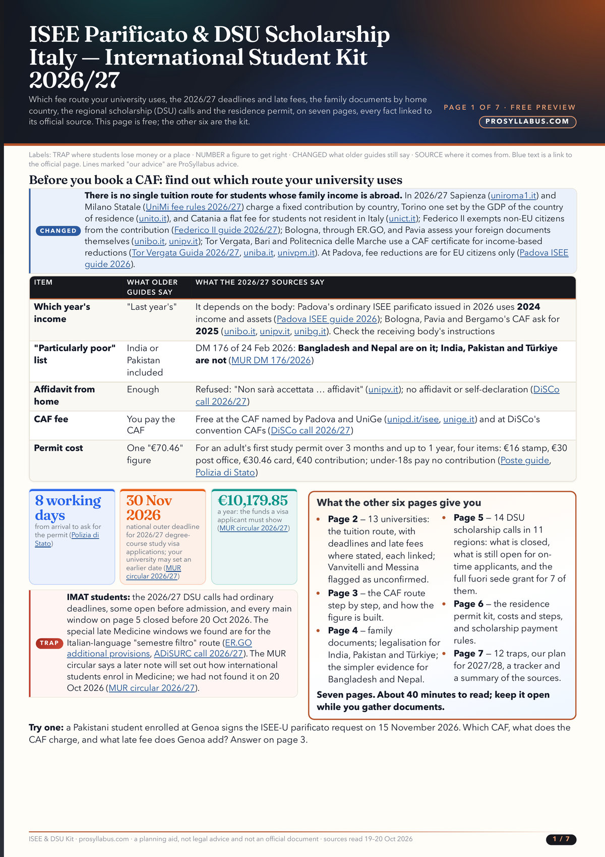 Page 1 of ISEE Parificato & DSU Scholarship Italy — International Student Kit